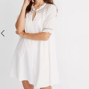 Madewell Smocked Trapeze Dress White Lightweight Medium Rainbow PomPom OBO